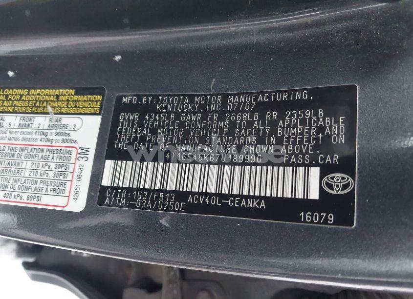 Photo 9 of 2007 Toyota Camry LE (VIN 4T1BE46K67U189990)