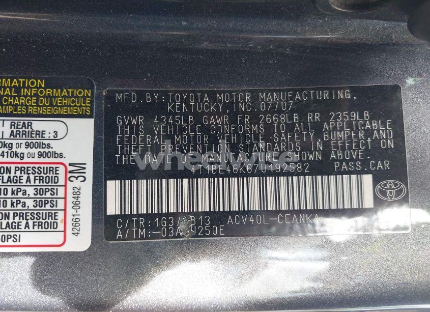 Photo 9 of 2007 Toyota Camry LE (VIN 4T1BE46K67U192582)