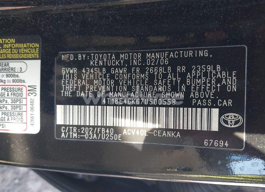 Photo 9 of 2007 Toyota Camry LE (VIN 4T1BE46K67U500558)