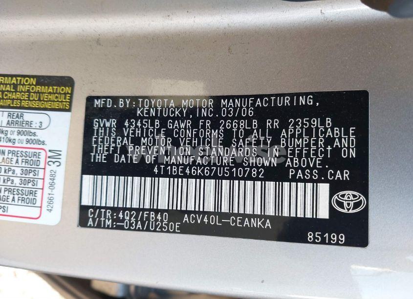 Photo 9 of 2007 Toyota Camry LE (VIN 4T1BE46K67U510782)