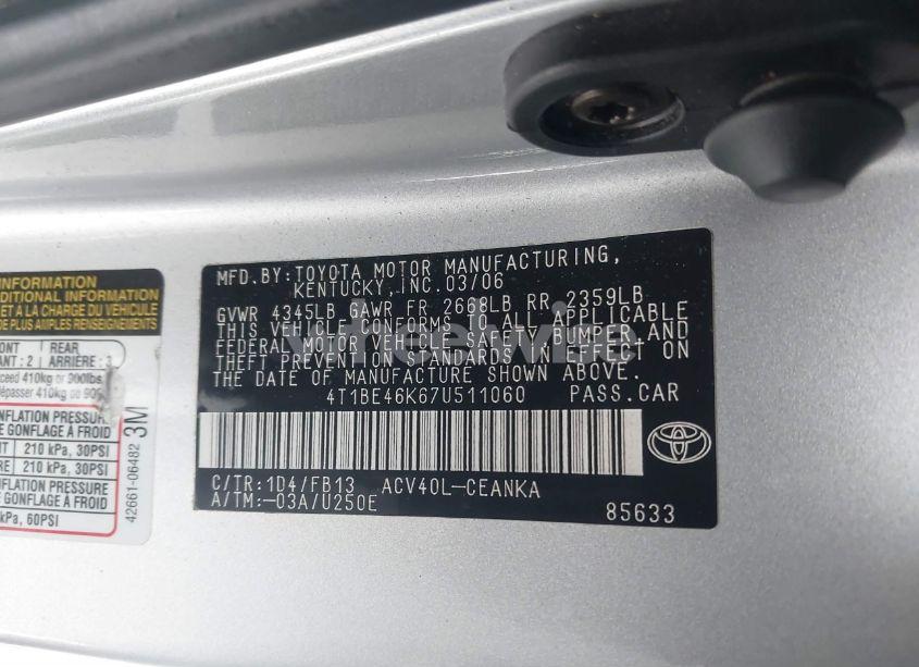 Photo 9 of 2007 Toyota Camry LE (VIN 4T1BE46K67U511060)