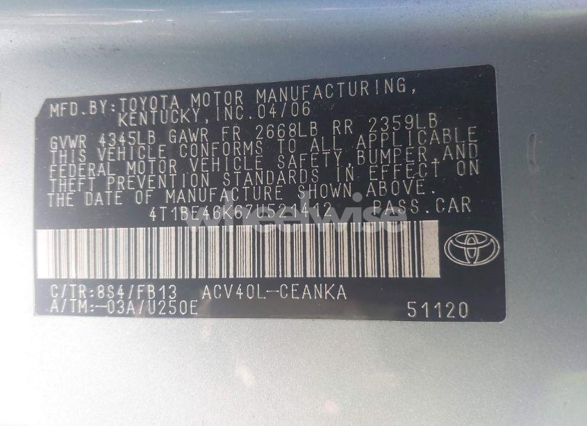 Photo 9 of 2007 Toyota Camry LE (VIN 4T1BE46K67U521412)