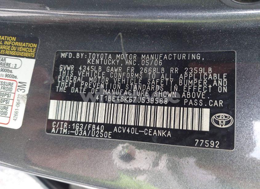 Photo 9 of 2007 Toyota Camry LE (VIN 4T1BE46K67U539568)