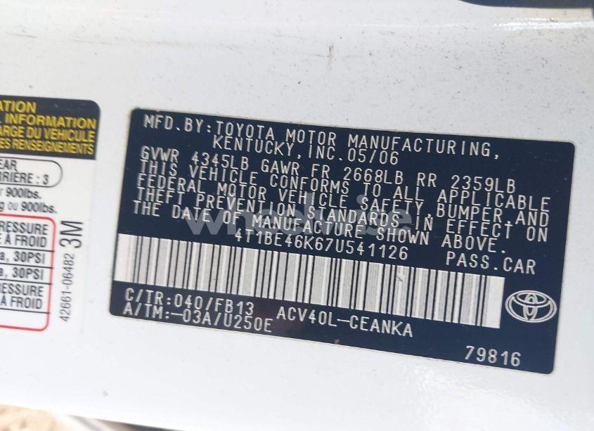 Photo 9 of 2007 Toyota Camry LE (VIN 4T1BE46K67U541126)