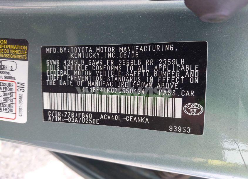 Photo 9 of 2007 Toyota Camry LE (VIN 4T1BE46K67U550134)