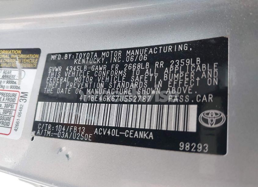 Photo 9 of 2007 Toyota Camry CE/LE/XLE/SE (VIN 4T1BE46K67U552787)