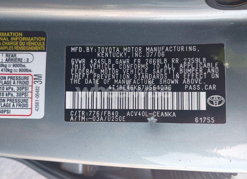 Photo 9 of 2007 Toyota Camry LE (VIN 4T1BE46K67U561036)