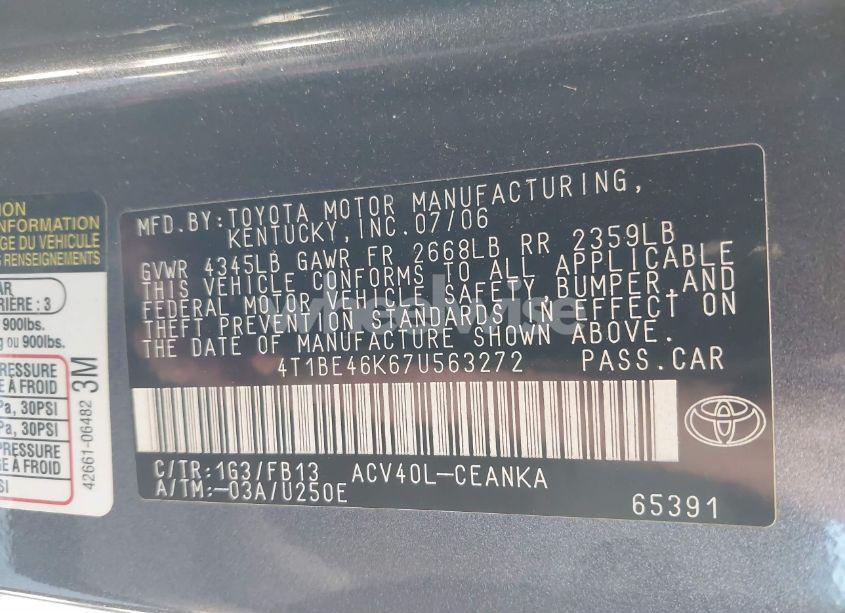 Photo 9 of 2007 Toyota Camry LE (VIN 4T1BE46K67U563272)