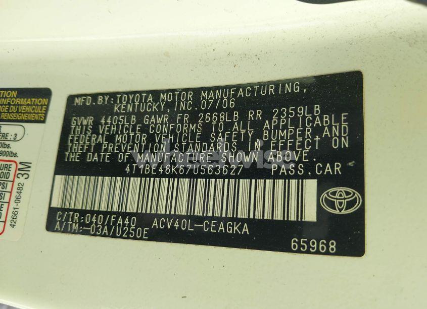 Photo 9 of 2007 Toyota Camry XLE (VIN 4T1BE46K67U563627)