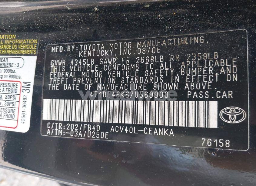 Photo 9 of 2007 Toyota Camry LE (VIN 4T1BE46K67U569900)