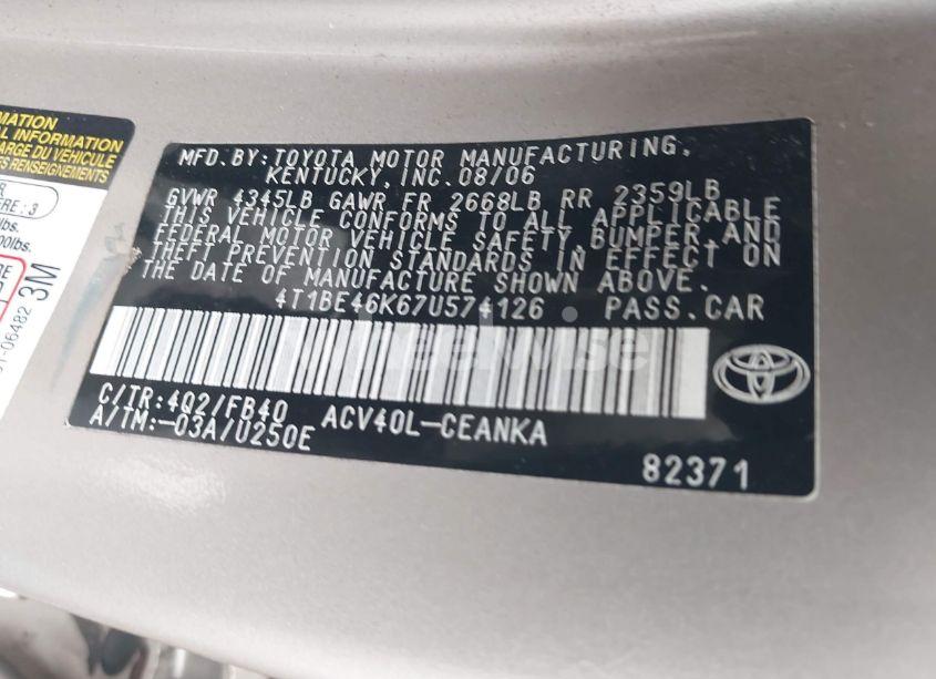 Photo 9 of 2007 Toyota Camry LE (VIN 4T1BE46K67U574126)