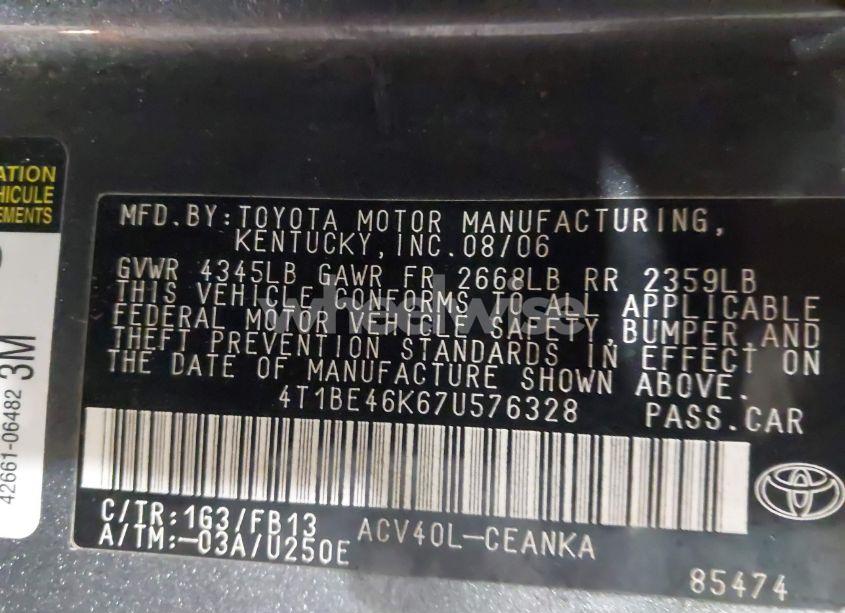 Photo 9 of 2007 Toyota Camry LE (VIN 4T1BE46K67U576328)