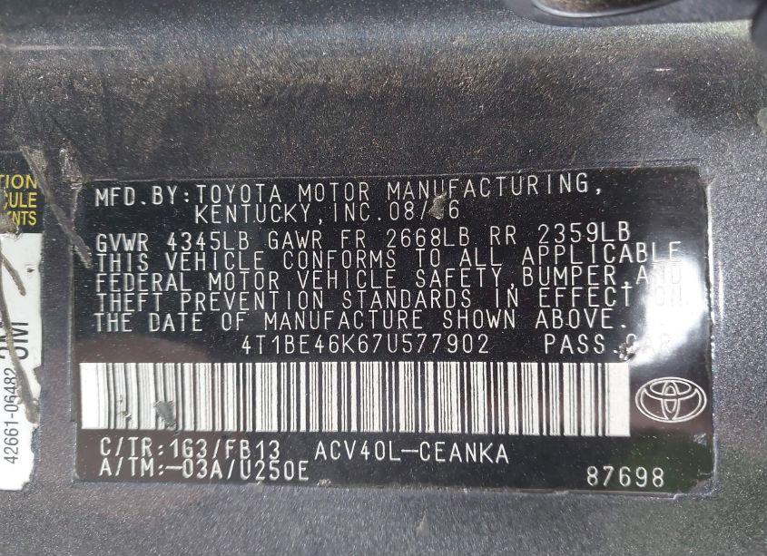 Photo 9 of 2007 Toyota Camry LE (VIN 4T1BE46K67U577902)