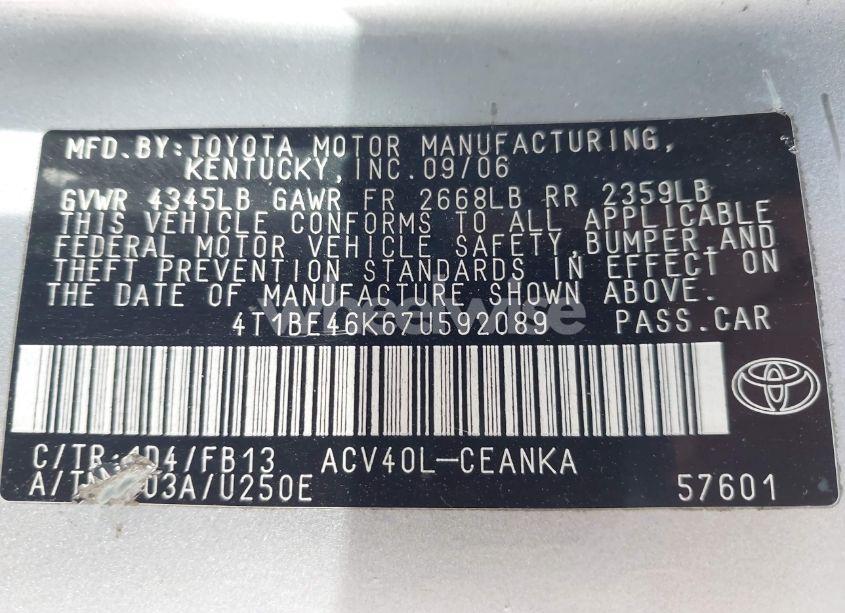 Photo 9 of 2007 Toyota Camry LE (VIN 4T1BE46K67U592089)