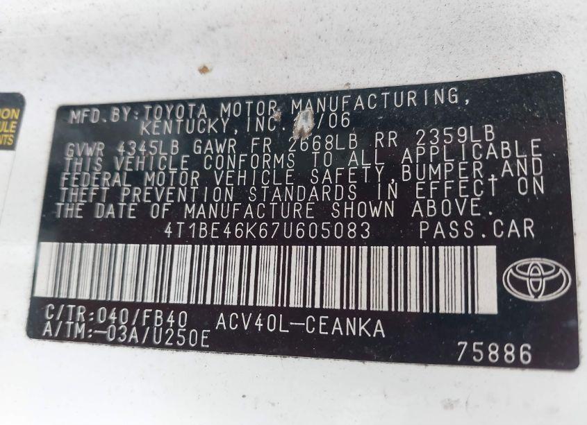 Photo 9 of 2007 Toyota Camry LE (VIN 4T1BE46K67U605083)