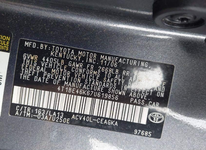 Photo 9 of 2007 Toyota Camry XLE (VIN 4T1BE46K67U619856)