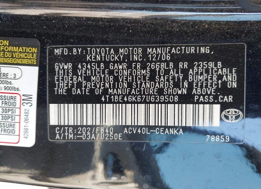 Photo 9 of 2007 Toyota Camry LE (VIN 4T1BE46K67U639508)