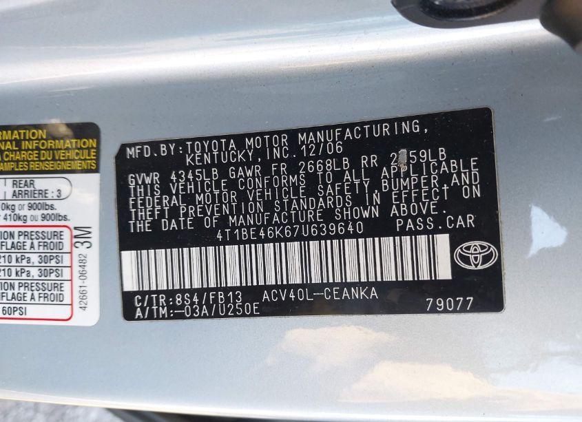 Photo 9 of 2007 Toyota Camry LE (VIN 4T1BE46K67U639640)