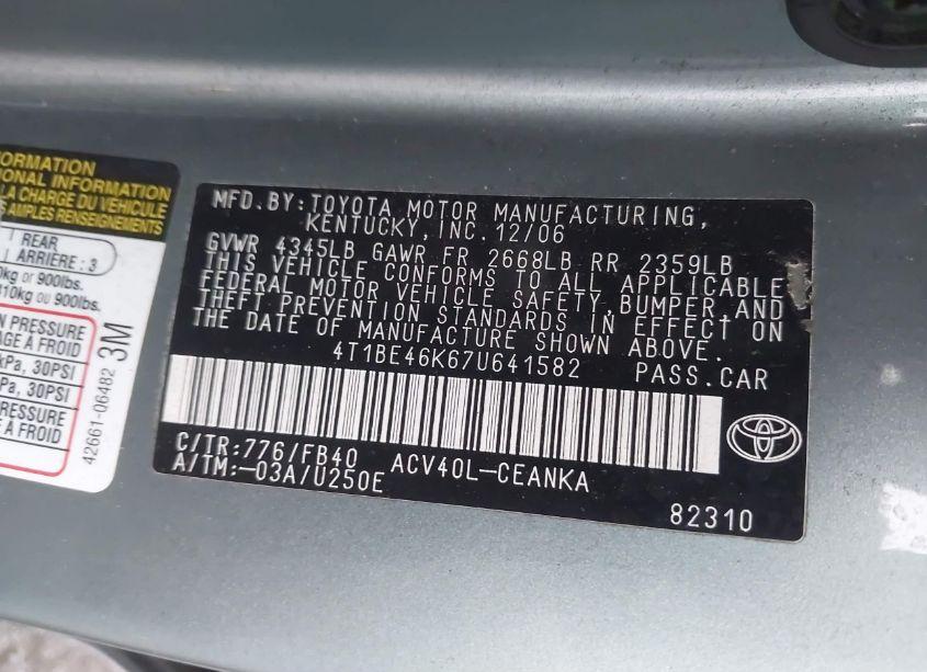 Photo 9 of 2007 Toyota Camry LE (VIN 4T1BE46K67U641582)