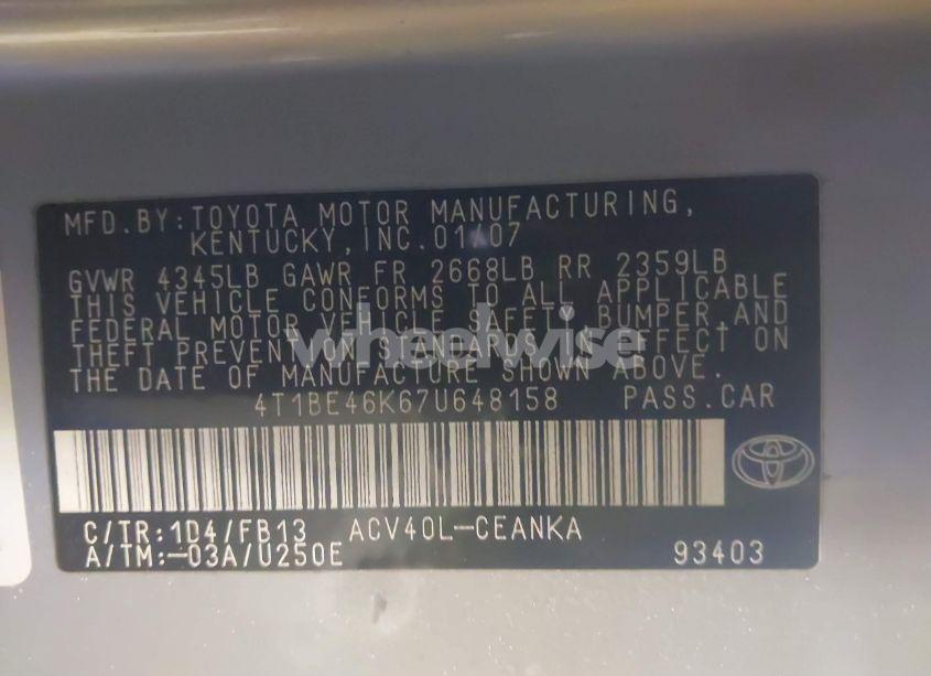 Photo 9 of 2007 Toyota Camry LE (VIN 4T1BE46K67U648158)