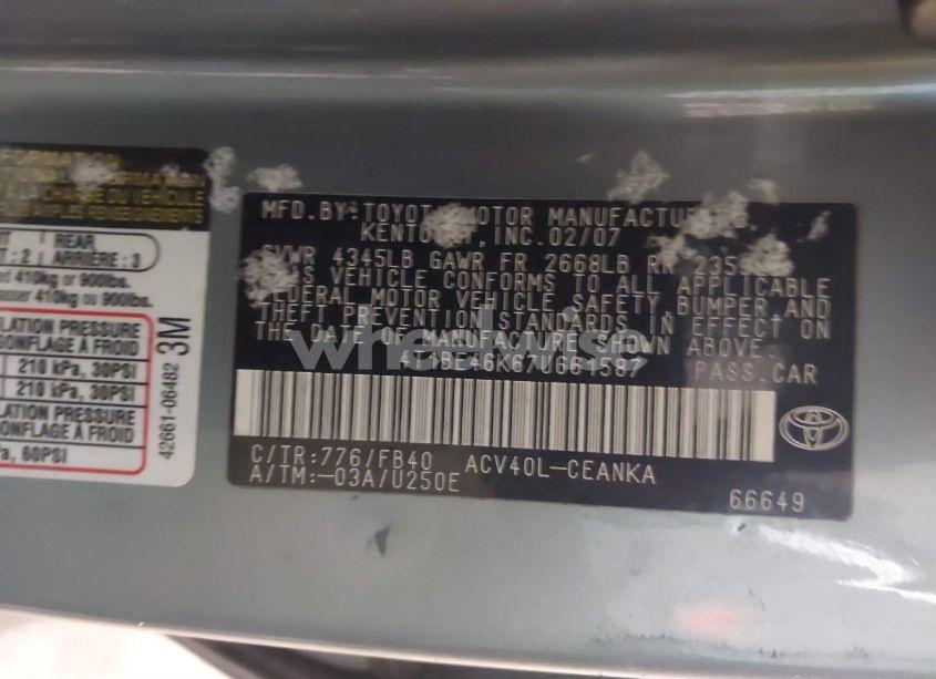 Photo 9 of 2007 Toyota Camry LE (VIN 4T1BE46K67U661587)