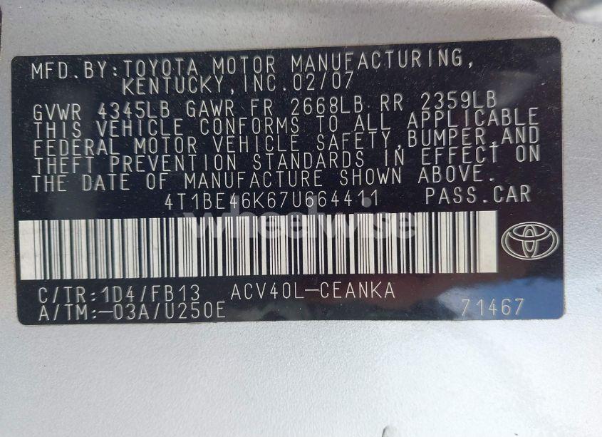 Photo 9 of 2007 Toyota Camry LE (VIN 4T1BE46K67U664411)