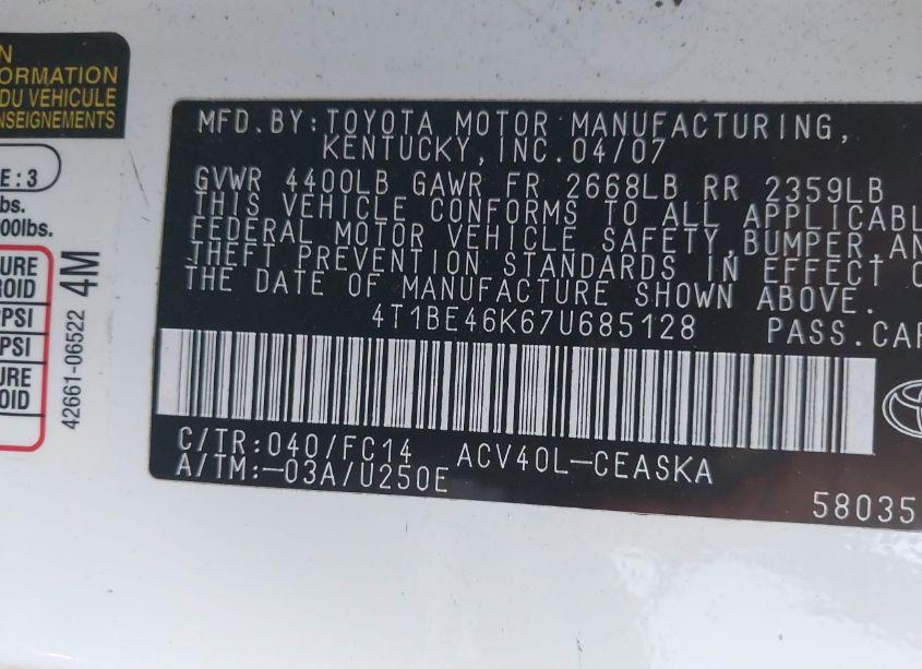 Photo 9 of 2007 Toyota Camry SE (VIN 4T1BE46K67U685128)