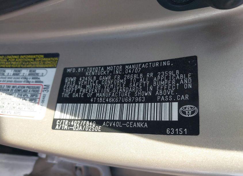Photo 9 of 2007 Toyota Camry LE (VIN 4T1BE46K67U687963)