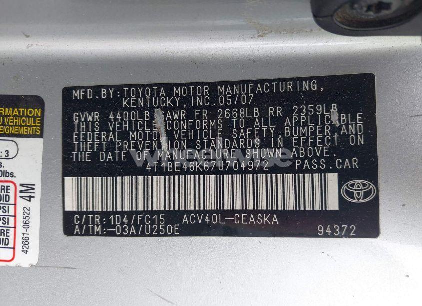 Photo 9 of 2007 Toyota Camry SE (VIN 4T1BE46K67U704972)