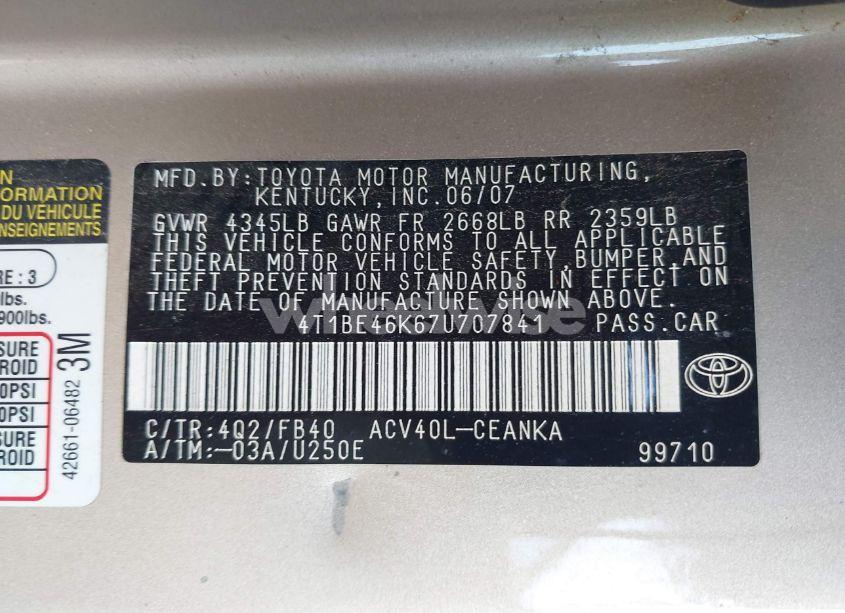 Photo 9 of 2007 Toyota Camry LE (VIN 4T1BE46K67U707841)