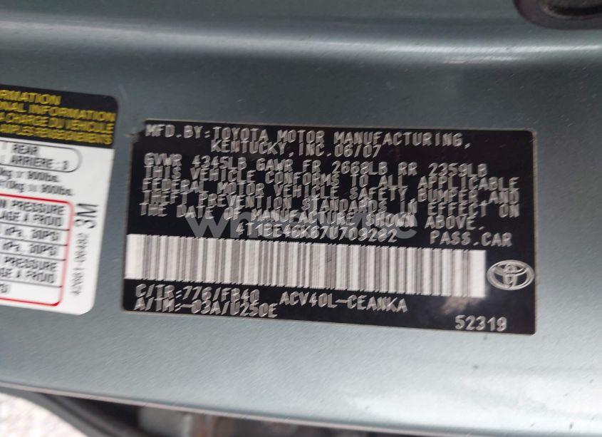 Photo 9 of 2007 Toyota Camry LE (VIN 4T1BE46K67U709282)