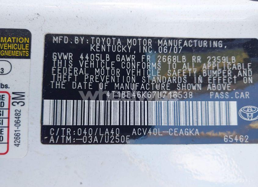 Photo 9 of 2007 Toyota Camry XLE (VIN 4T1BE46K67U716538)