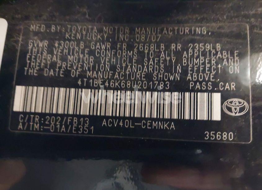 Photo 9 of 2008 Toyota Camry (VIN 4T1BE46K68U201783)