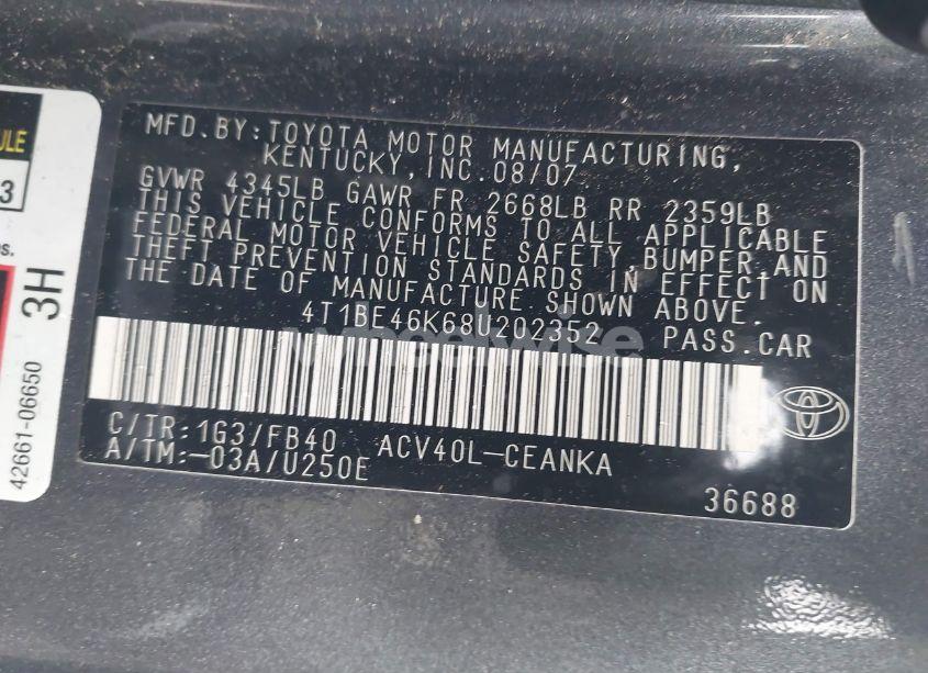 Photo 9 of 2008 Toyota Camry LE (VIN 4T1BE46K68U202352)