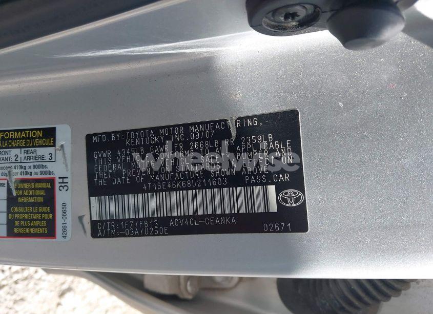 Photo 9 of 2008 Toyota Camry LE (VIN 4T1BE46K68U211603)