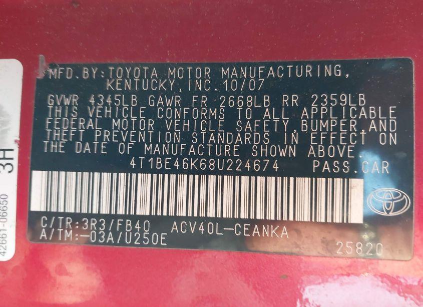 Photo 9 of 2008 Toyota Camry LE (VIN 4T1BE46K68U224674)