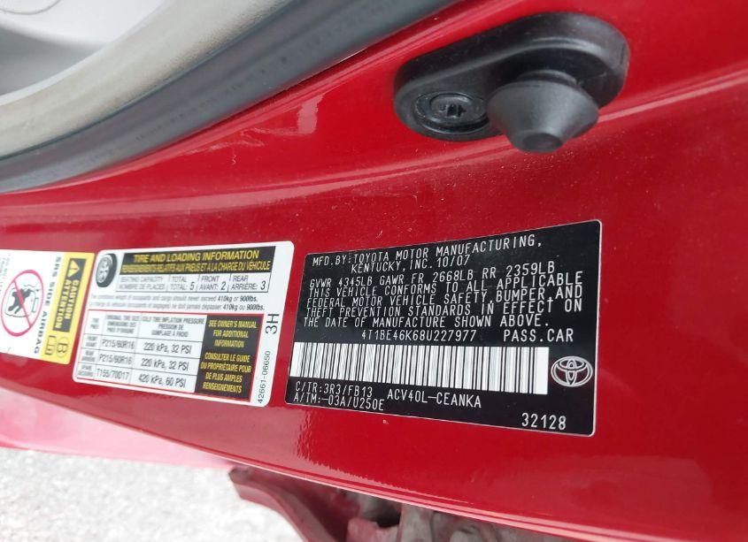 Photo 9 of 2008 Toyota Camry LE (VIN 4T1BE46K68U227977)