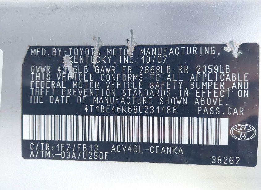 Photo 9 of 2008 Toyota Camry LE (VIN 4T1BE46K68U231186)