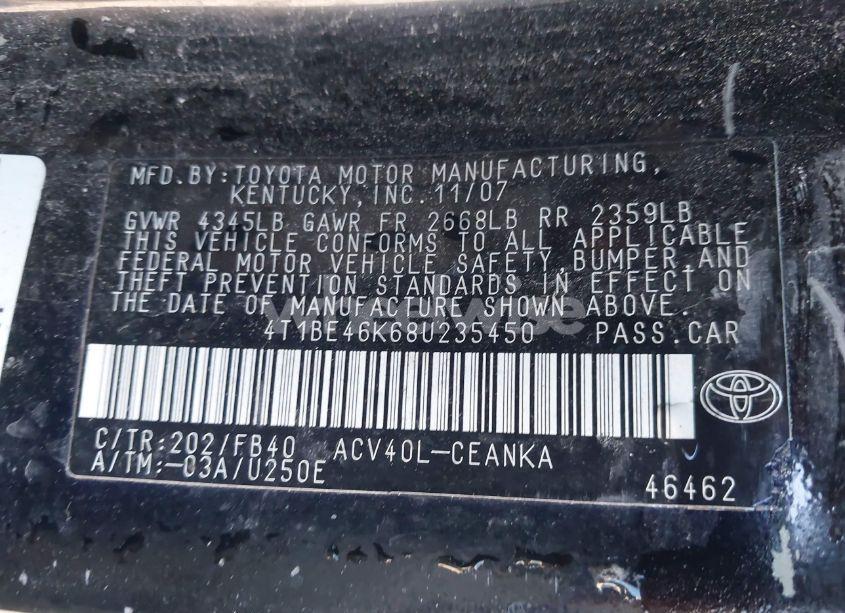 Photo 9 of 2008 Toyota Camry (VIN 4T1BE46K68U235450)