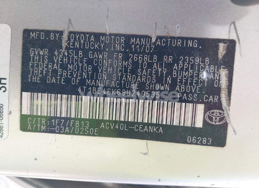 Photo 9 of 2008 Toyota Camry LE (VIN 4T1BE46K68U240535)