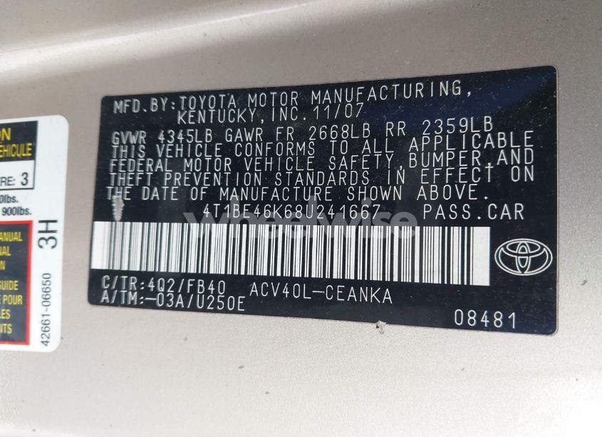 Photo 9 of 2008 Toyota Camry LE (VIN 4T1BE46K68U241667)