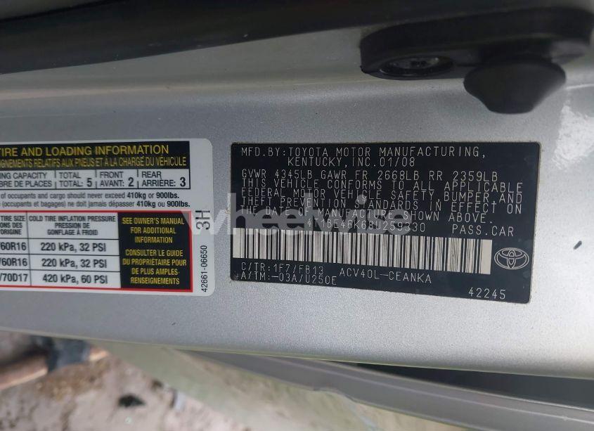 Photo 9 of 2008 Toyota Camry LE (VIN 4T1BE46K68U259330)