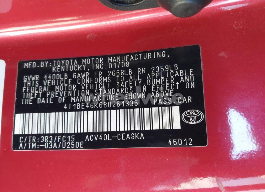 Photo 9 of 2008 Toyota Camry SE (VIN 4T1BE46K68U261336)