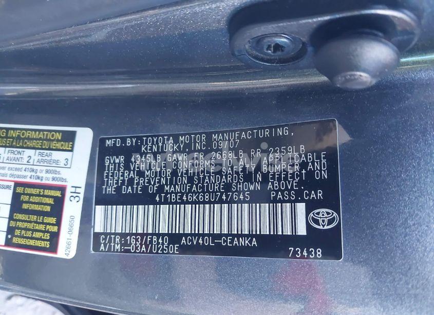 Photo 9 of 2008 Toyota Camry LE (VIN 4T1BE46K68U747645)