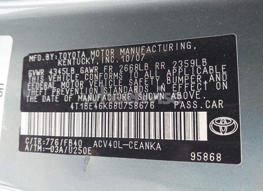 Photo 9 of 2008 Toyota Camry LE (VIN 4T1BE46K68U758676)