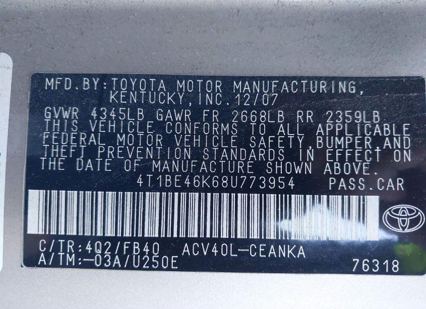 Photo 9 of 2008 Toyota Camry LE (VIN 4T1BE46K68U773954)