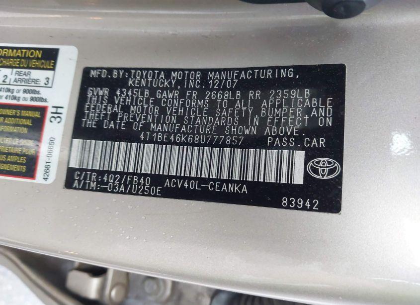 Photo 9 of 2008 Toyota Camry LE (VIN 4T1BE46K68U777857)