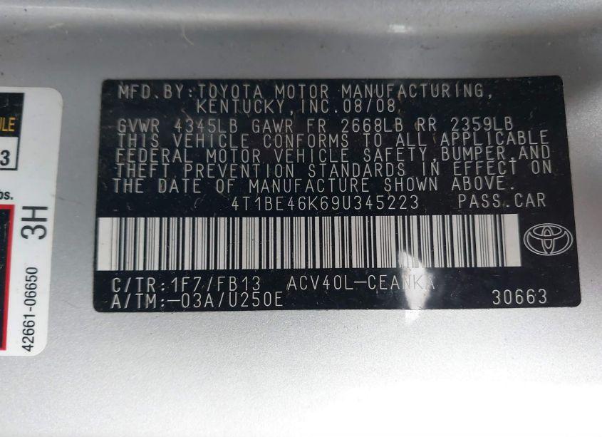 Photo 9 of 2009 Toyota Camry LE (VIN 4T1BE46K69U345223)