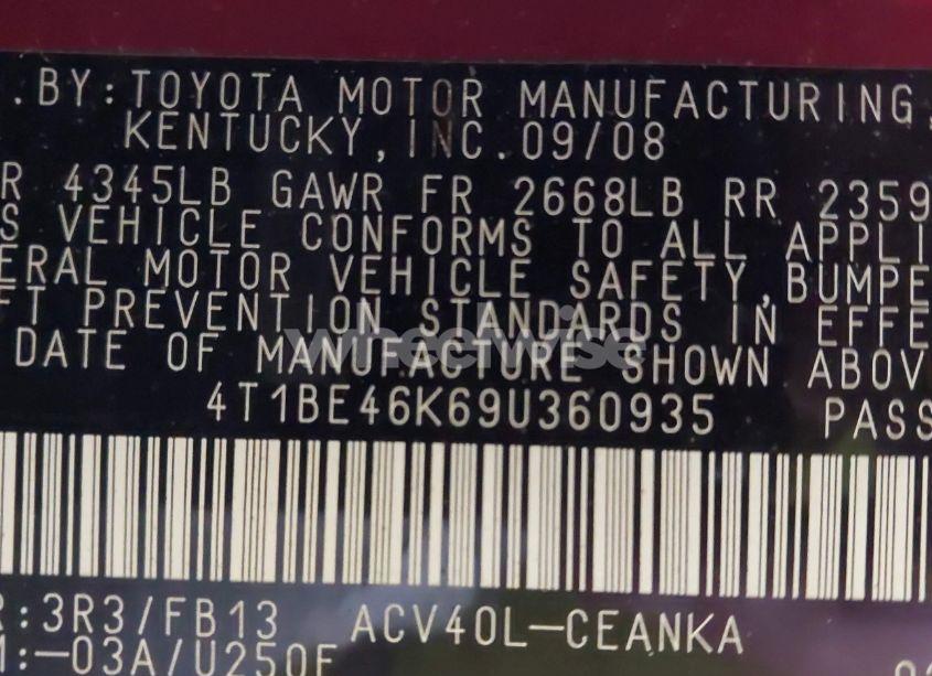 Photo 9 of 2009 Toyota Camry LE (VIN 4T1BE46K69U360935)