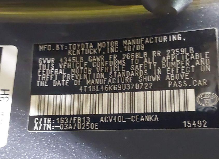 Photo 9 of 2009 Toyota Camry LE (VIN 4T1BE46K69U370722)